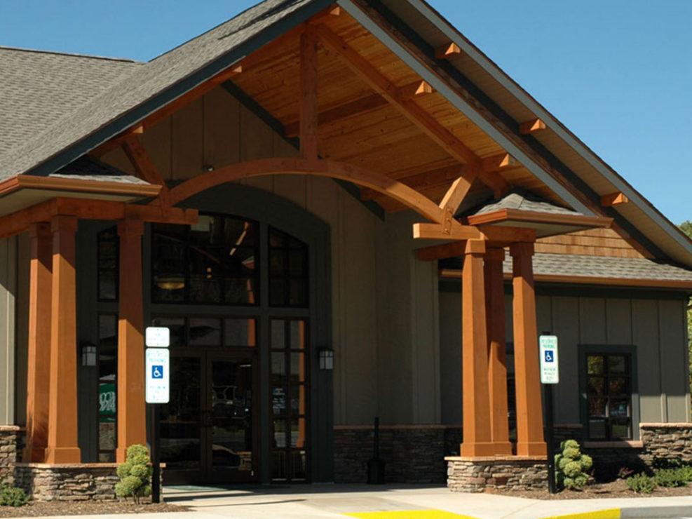 Commercial Timber Frame Post & Beam With Arched Truss Entryway Cover
