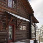 Timber Frame Log Cabin Exterior in Snow - Detail