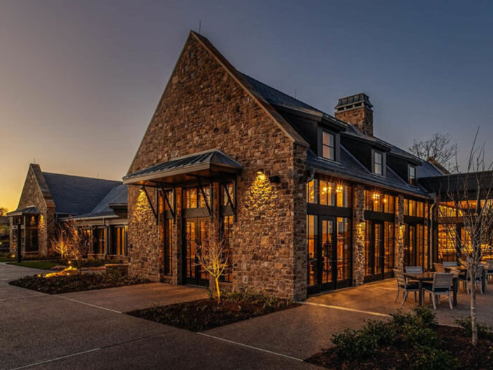 Clubhouse Exterior with Timber Frame Awnings