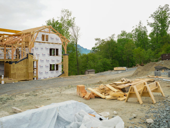 Construction at The Summit at Echota Resort. Residential Timber Frames by Harmony Timberworks.