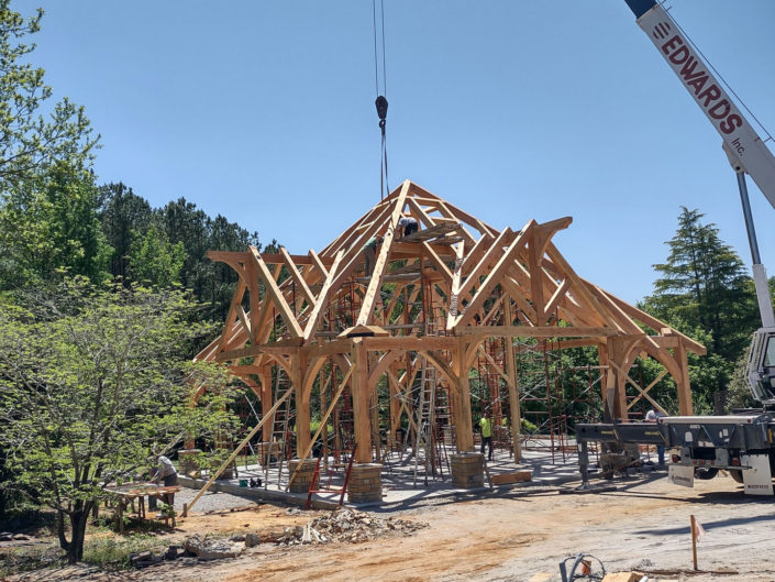 Stallings Pavilion - Installing roof timbers with crane