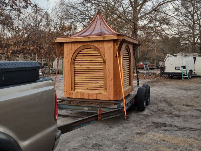 Stallings Pavilion copper-topped cupola being delivered to site.