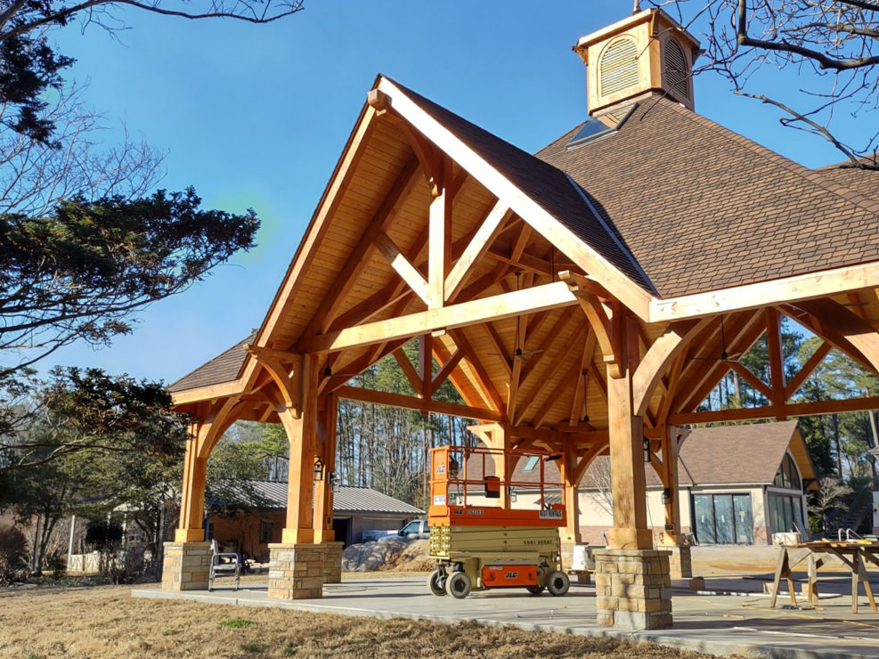 Stallings Pavilion exterior with timber truss and eave